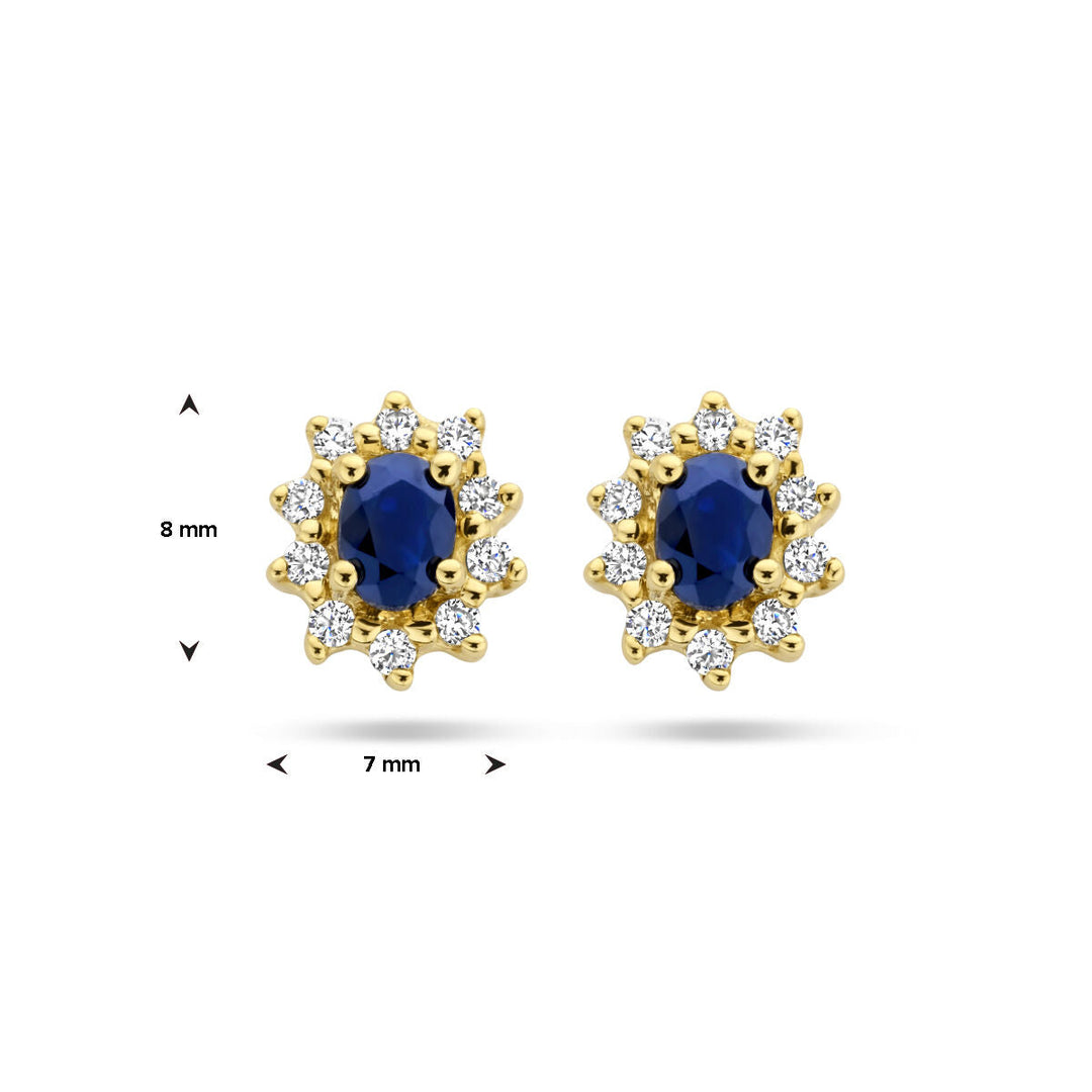 ear studs sapphire and zirconia halo 14K yellow gold