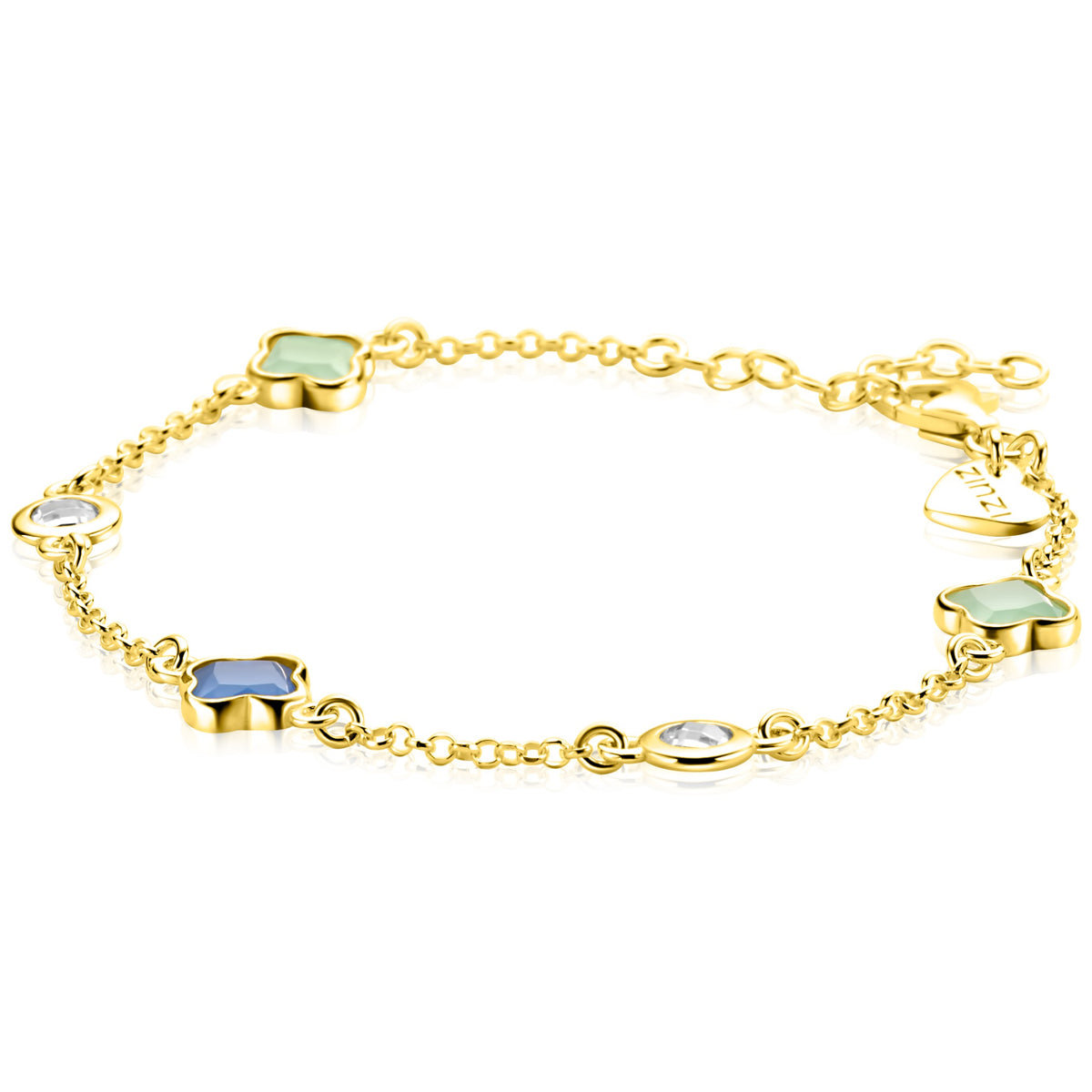 De Zinzi Armband Goud Verguld ZIA2763 van Zinzi heeft een delicate vergulde ketting met afwisselend vierkante en ronde pastelblauwe, groene en witte edelstenen met een bezelrandje, plus een klein hartvormig bedeltje bij de sluiting.
