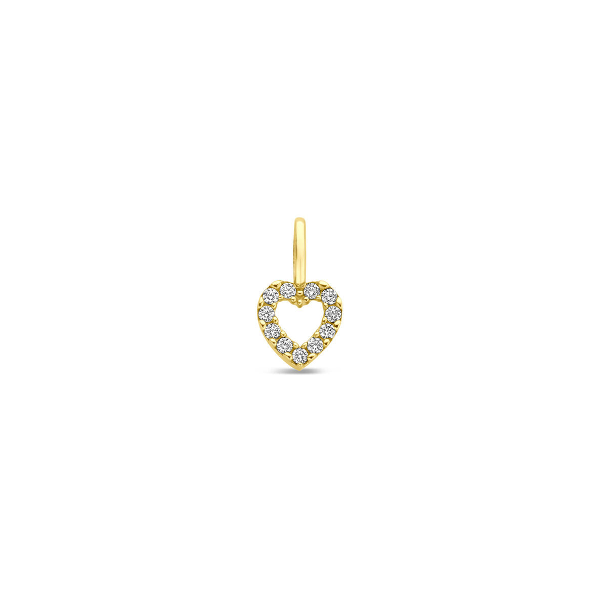 De Van der Kooij Collectie hanger hartje zirkonia 10,5 mm is een kleine 14K geelgouden hartvormige hanger, omlijnd met sprankelende witte zirkonia edelstenen en afgebeeld tegen een effen witte achtergrond.