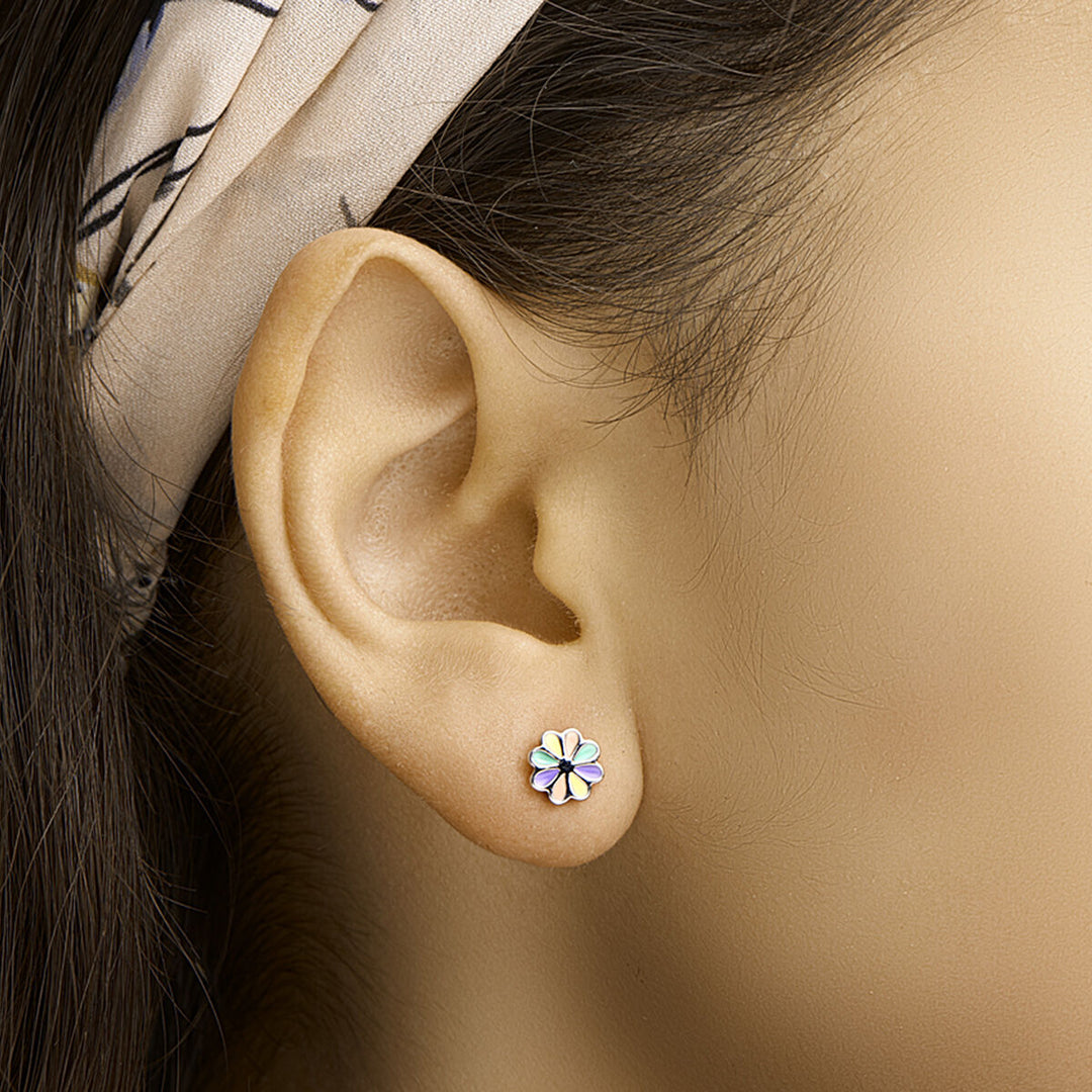 silver rhodium plated flower stud earrings