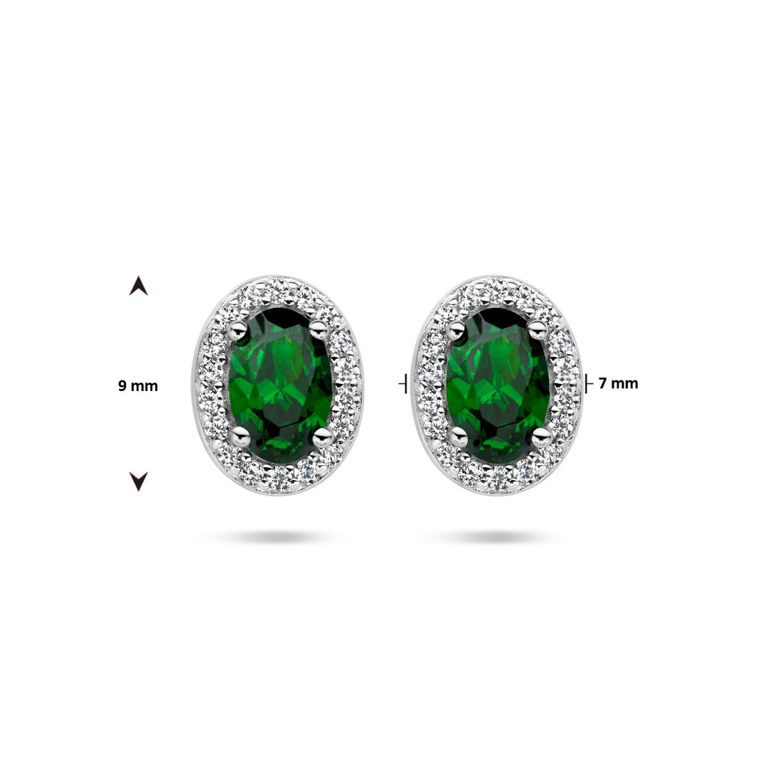 De Van der Kooij Collectie oorknoppen groen en wit zirkonia halo zijn ovaalvormig, 9x7 mm, van gerhodineerd zilver met een centrale groene zirkonia en een rand van kleine witte stenen. Een stijlvolle toevoeging aan elke dames sieraden collectie.