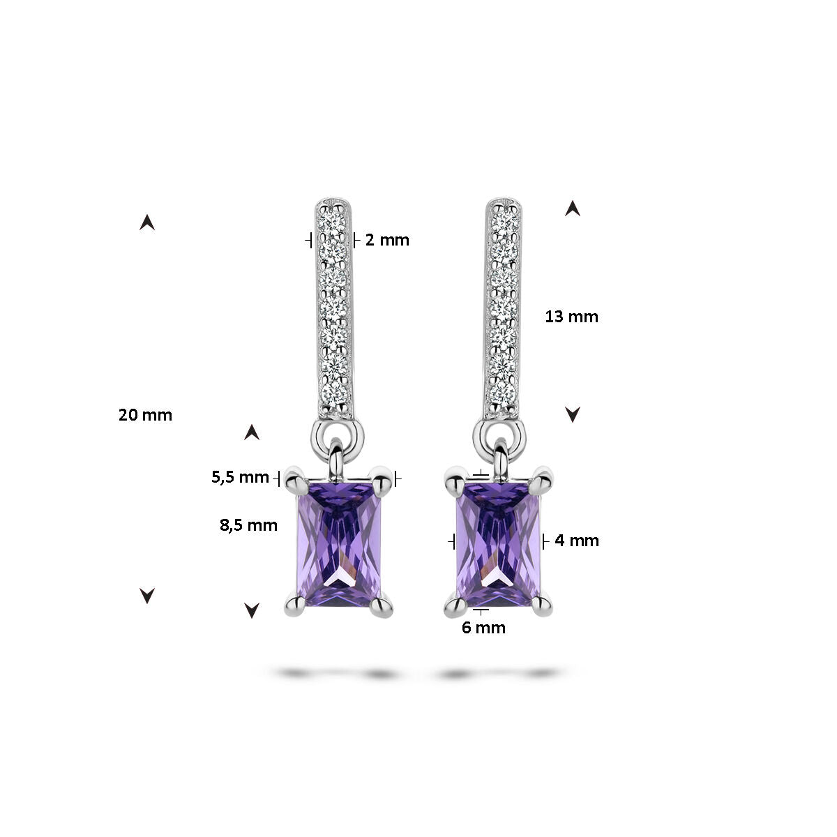 oorhangers amethistkleurig en wit zirkonia zilver gerhodineerd