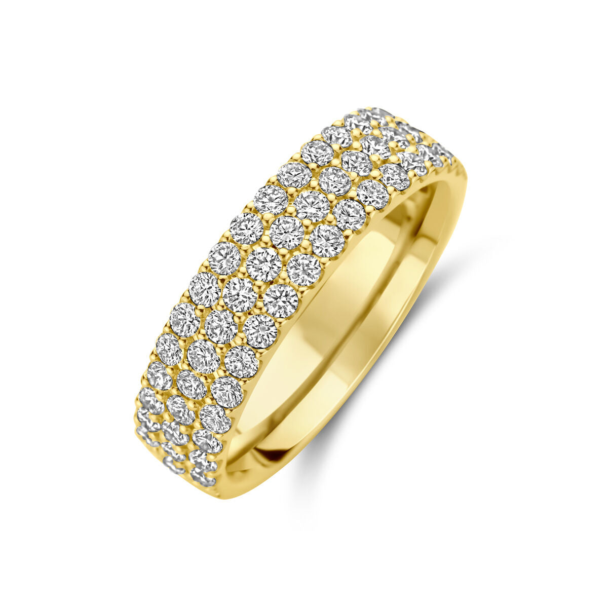 Geelgouden ring met 1.13 ct diamant, bezet met meerdere sprankelende steentjes in een moderne setting.
