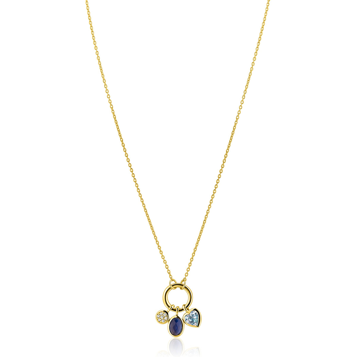 De Zinzi ketting ZIC2737 is een goud vergulde zilveren ketting met luxe bedels: een ronde heldere steen, een ovale donkerblauwe steen en een lichtblauw hartje. De lengte is verstelbaar voor de perfecte pasvorm.
