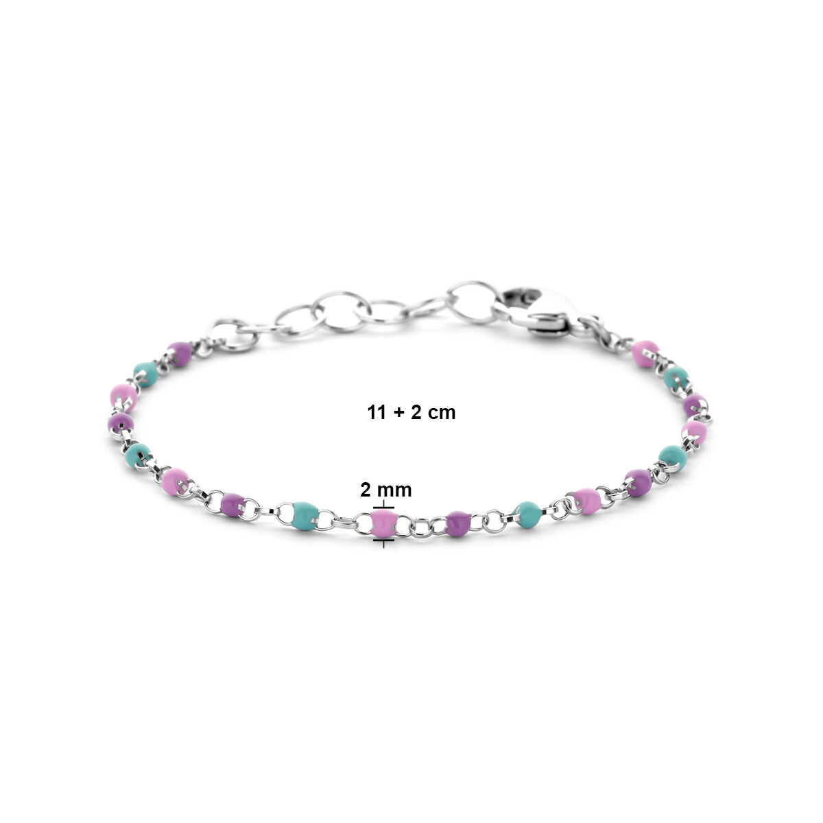 Van der Kooij Collectie armband bolletjes gekleurd emaille, gerhodineerd zilver, verstelbaar van 11 tot 13 cm met 2 mm kralen en karabijsluiting. Afmetingen staan op de afbeelding.