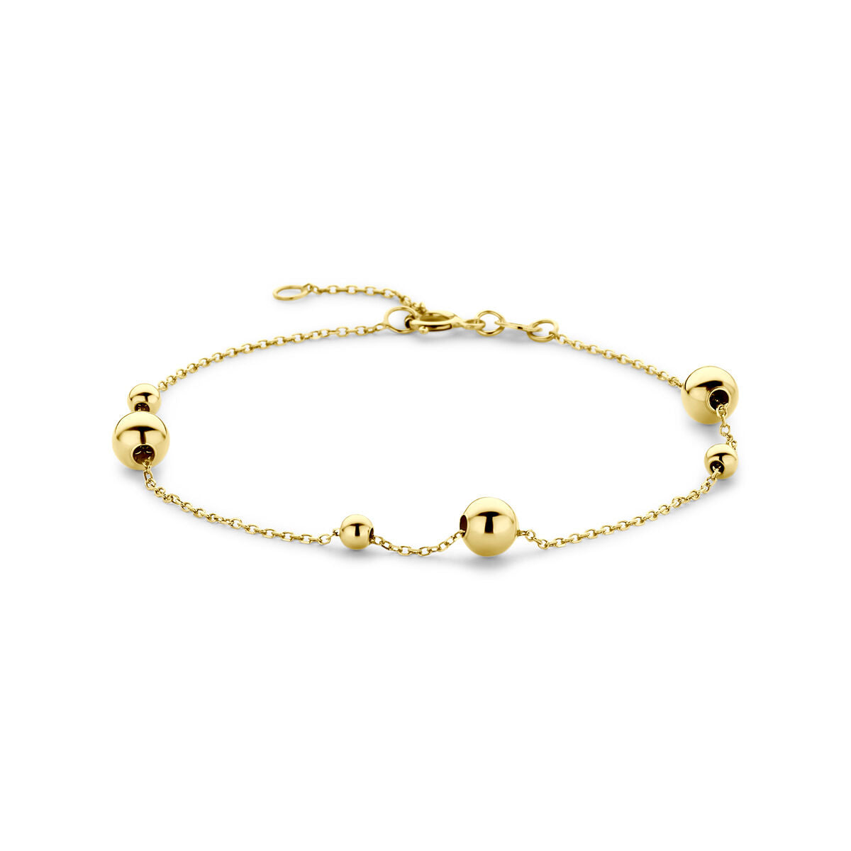 Armband van 14K geelgoud met bolletjes, verstelbaar van 16,5 tot 18,5 cm.