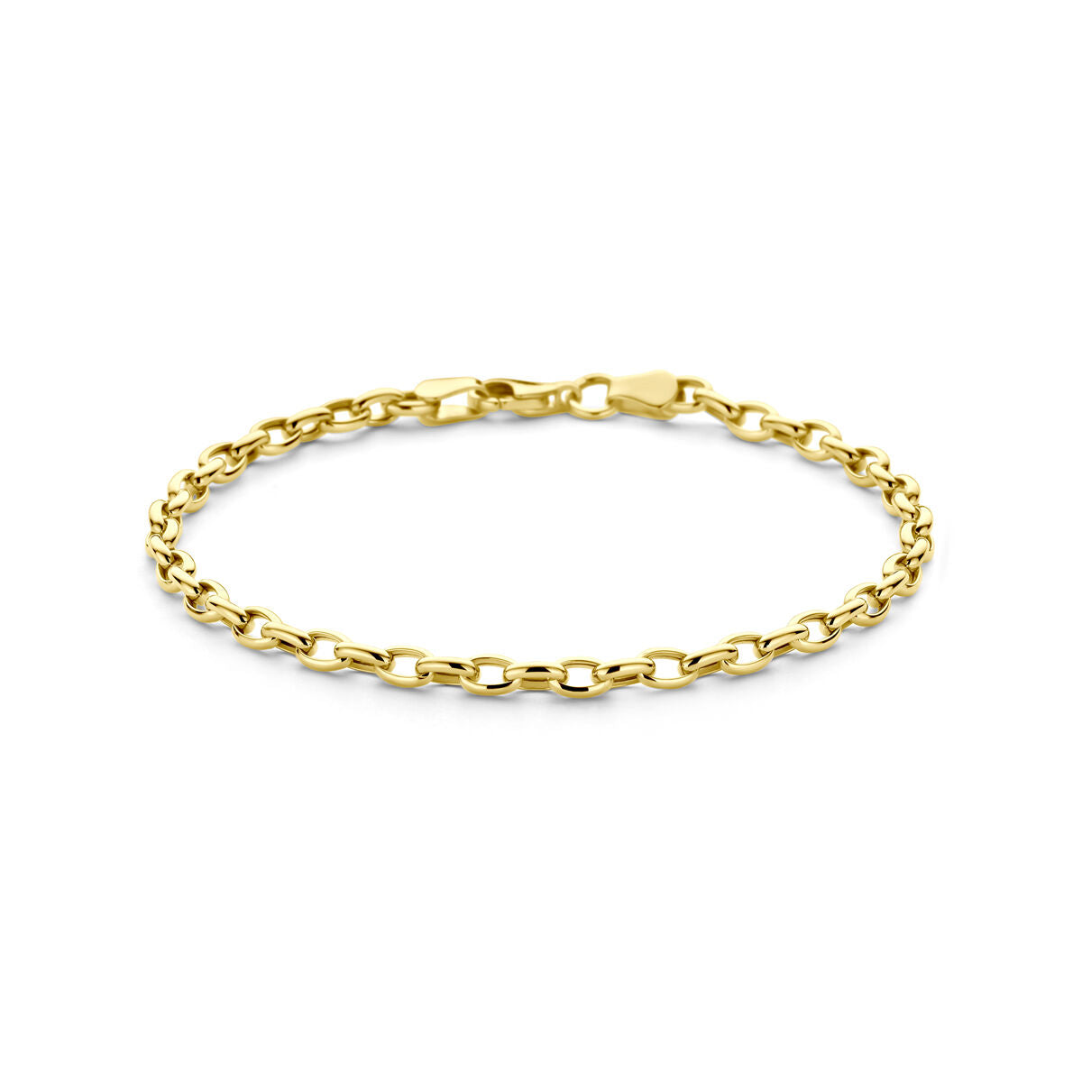 De Gouden armband dames anker 14K van Van der Kooij Collectie heeft delicate ovale schakels en een karabijnsluiting, prachtig weergegeven op een witte achtergrond.