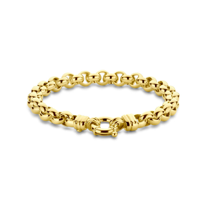 De Van der Kooij Collectie armband jasseron 7 mm, 19 cm in 14K geelgoud heeft een in elkaar grijpende schakel en decoratieve sluiting, stijlvol gepresenteerd op een witte achtergrond.