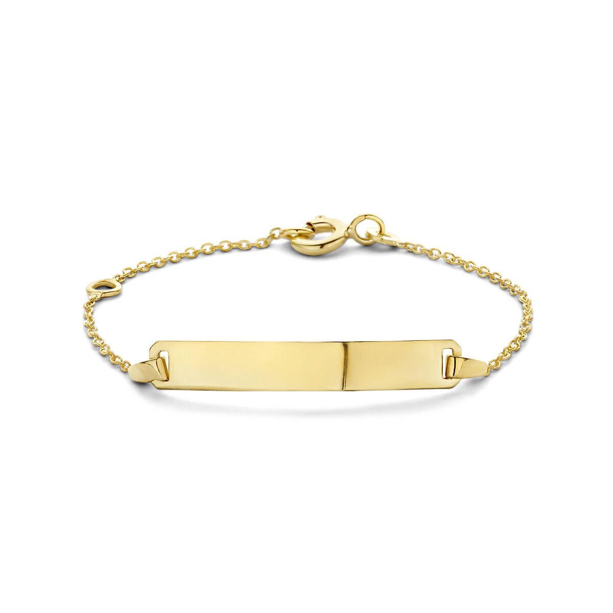Gouden graveerarmband met een platte plaat van 4,0 mm en een fijne schakelketting.