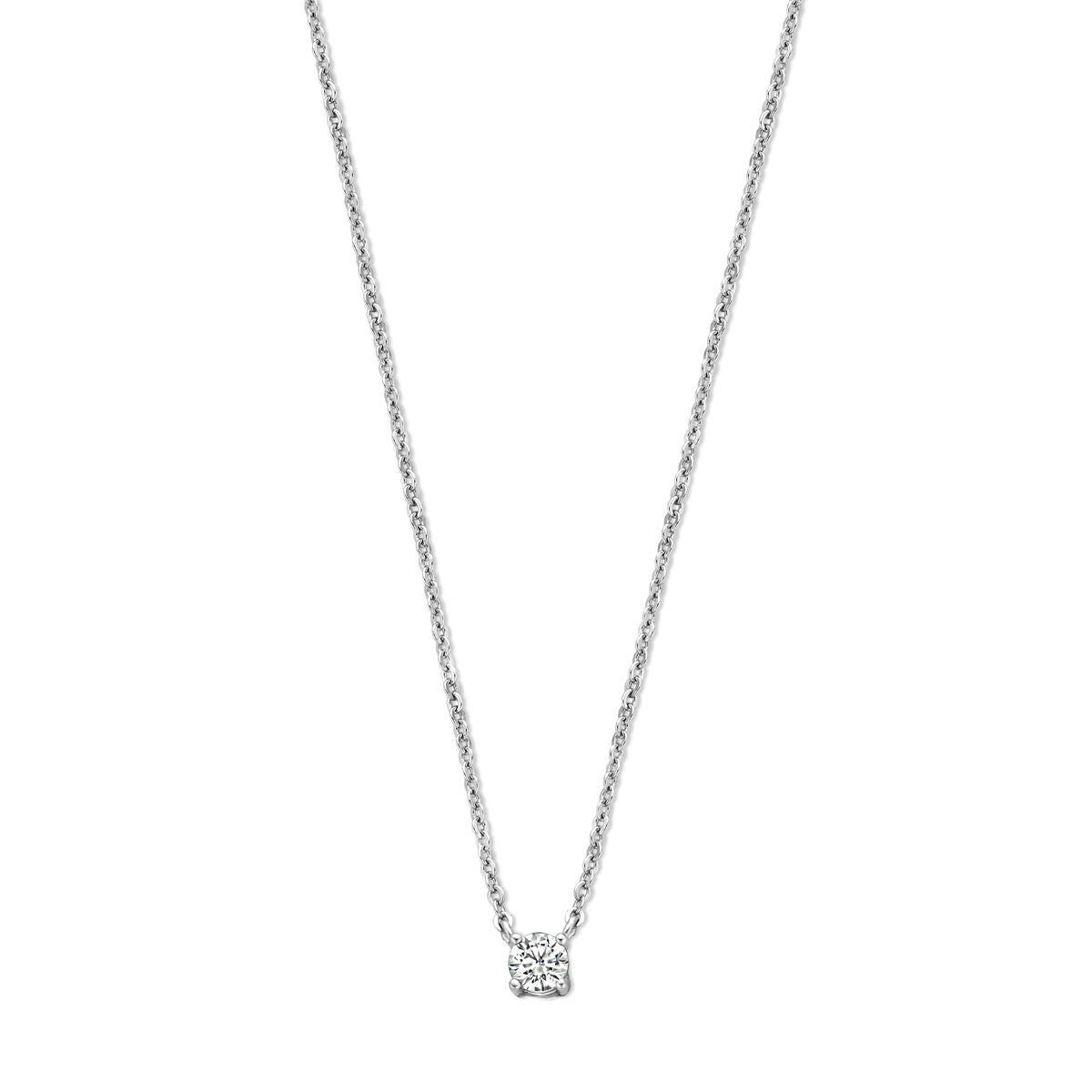 Collier van gerhodineerd zilver met een zirkonia hanger, lengte 41,5 cm plus 3 cm verlenging.