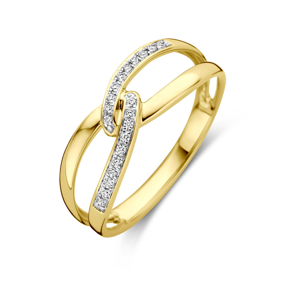 Gouden ring met twee overlappende banden en bezet met diamanten van 0.06 ct.