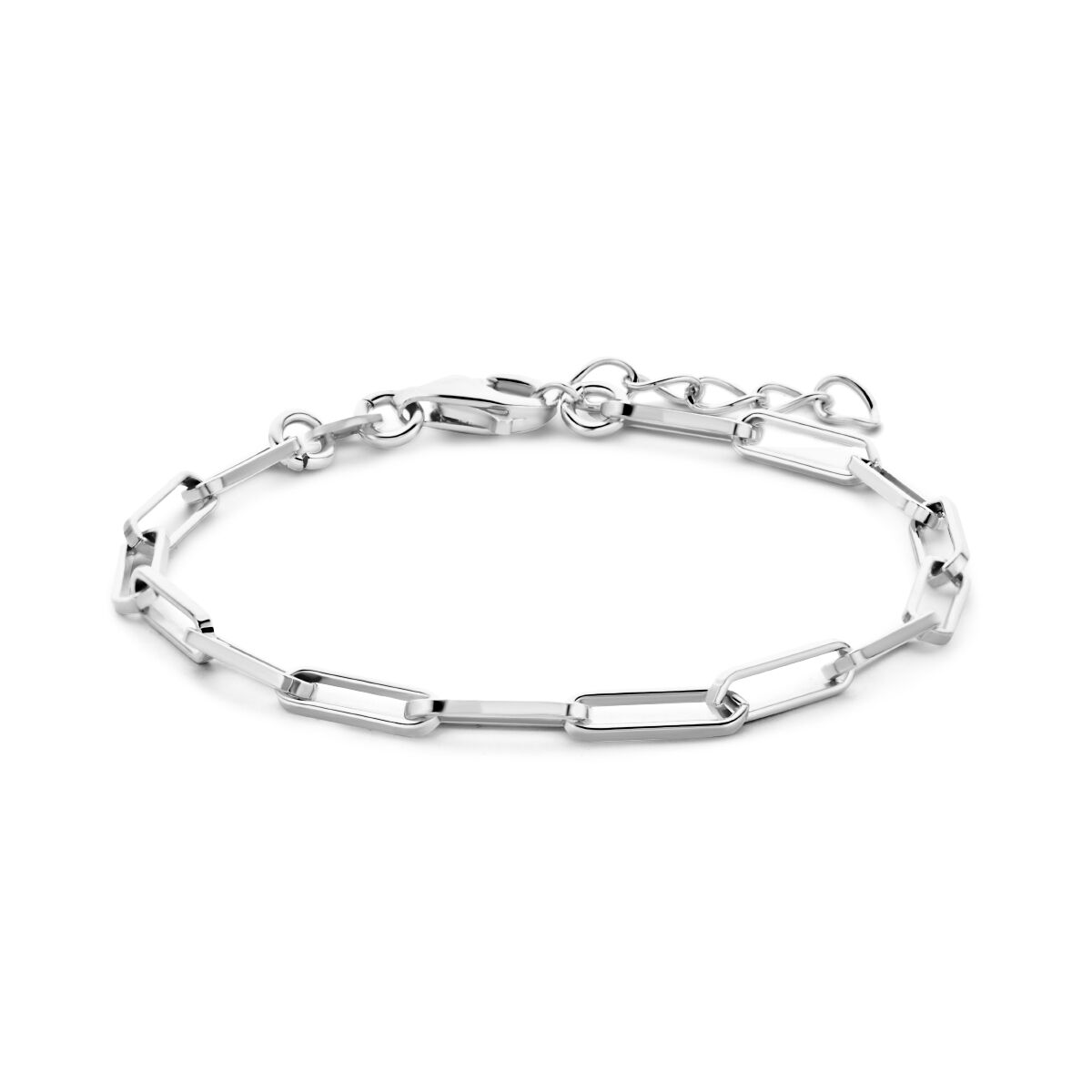 De Van der Kooij Collectie armband paperclip vierkante buis 3,0 mm (15,5 + 2,5 cm) is gemaakt van gerhodineerd zilver en elegant gepresenteerd op een witte achtergrond.