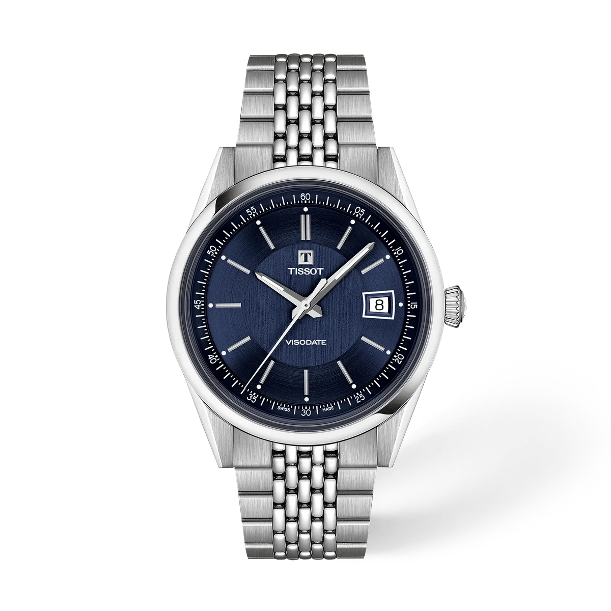Zilveren horloge met mesh-band, blauwe wijzerplaat en datumweergave.