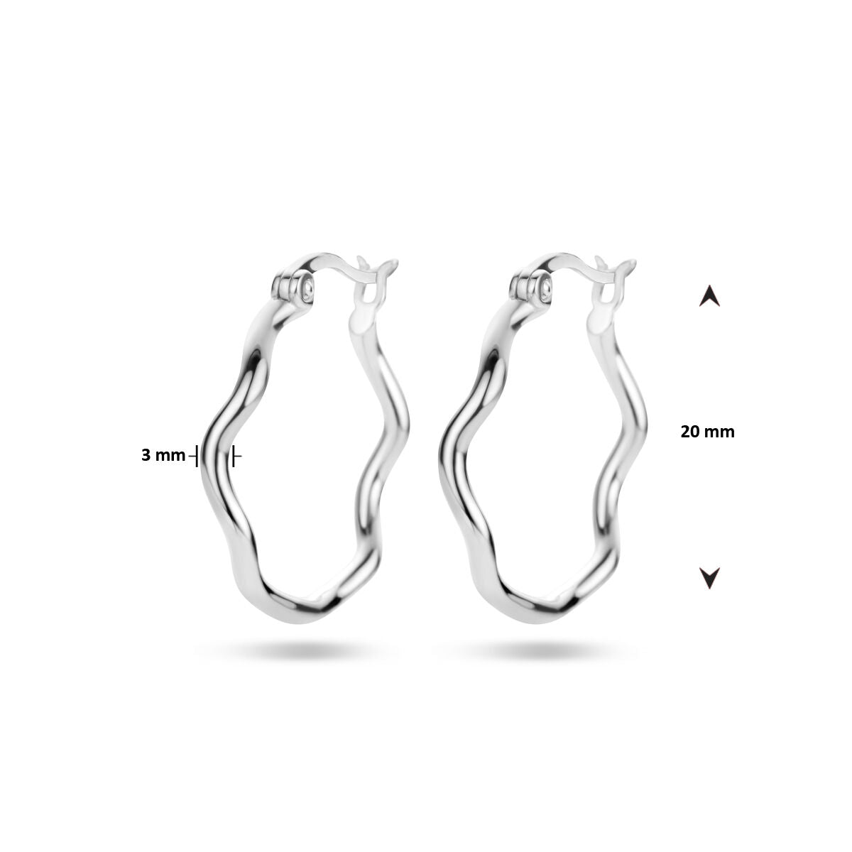 Van der Kooij Collectie oorringen zilver gerhodineerd, 20 mm hoog en 3 mm breed, getoond op een witte achtergrond met maatstrepen. Perfecte elegante hoops voor dames die stijl en klasse waarderen.