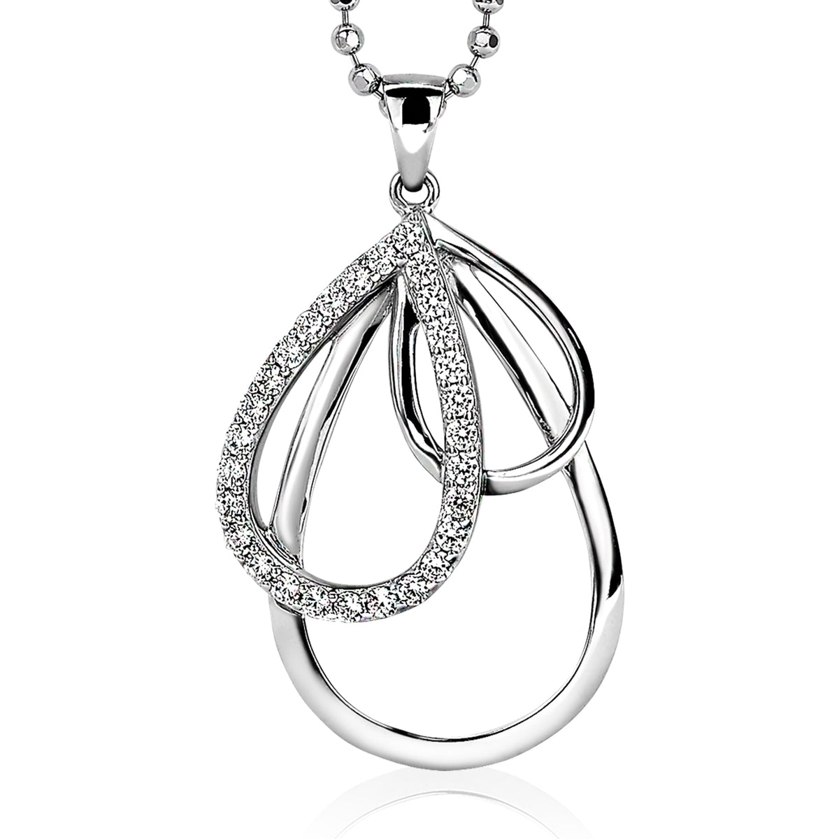 Zilveren hanger met dubbele druppelvorm en sprankelende zirconia-steentjes.