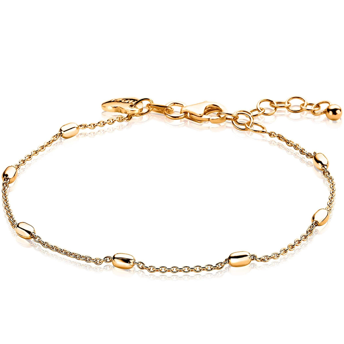 Gouden armband met een fijne schakel en ovale elementen, afgewerkt met een karabijnsluiting.