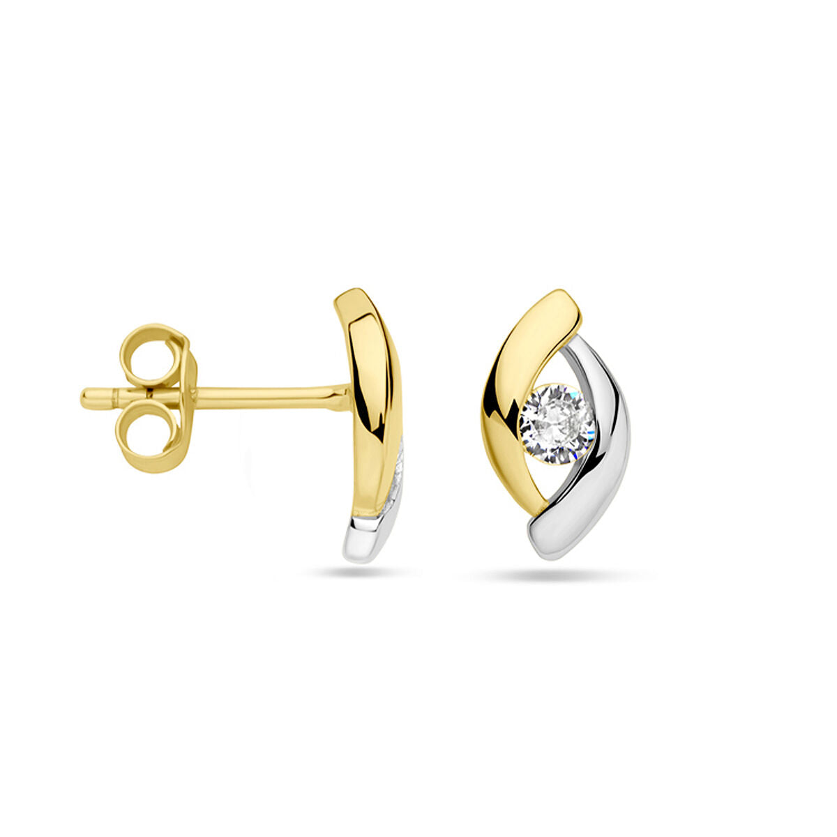 Van der Kooij Collectie oorknoppen zirkonia 1 micron zilver verguld (geel/rhodium) met ronde zirkonia in een gebogen tweekleurig design, voorzien van vlindersluiting.