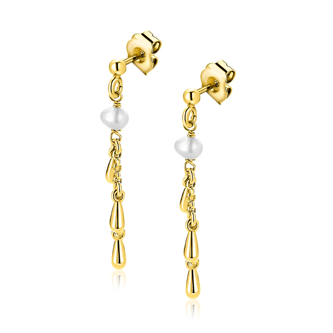 Zinzi oorbellen ZIO2753: goudkleurige oorbellen met fijne kettinkjes, witte zoetwaterparels en drie goudkleurige druppelvormige hangers-een stijlvol alternatief voor zilveren oorstekers van Zinzi.