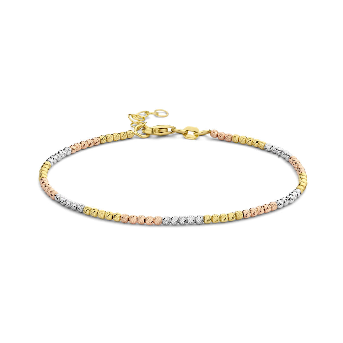 Gouden armband met bolletjes, gediamanteerd, in 14K tricolor met gele, roségouden en witte accenten.