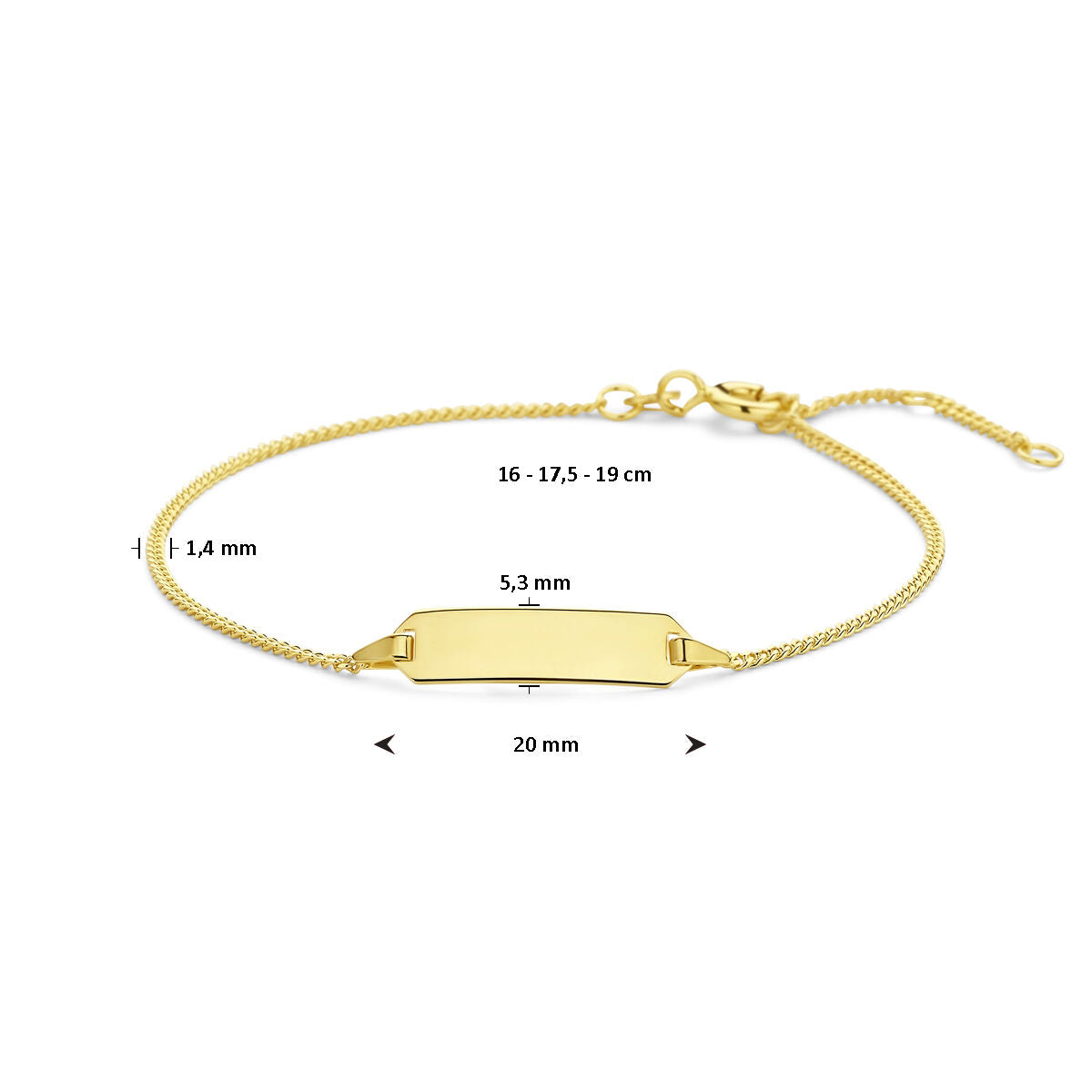 Van der Kooij Collectie graveerarmband plaat 5,3 mm in 14K geelgoud met verstelbare lengte (16,5 - 17,5 - 19 cm), rechthoekige naamplaat (20 x 5,3 mm; dikte 1,4 mm) en lobster sluiting.