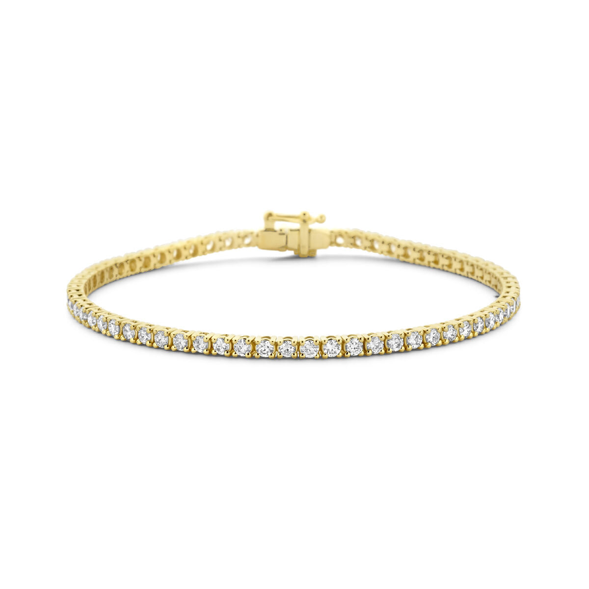 Tennisarmband van 14K geelgoud met lab-grown diamanten van 3.00ct, 2,7 mm breed en 17,5 cm lang.
