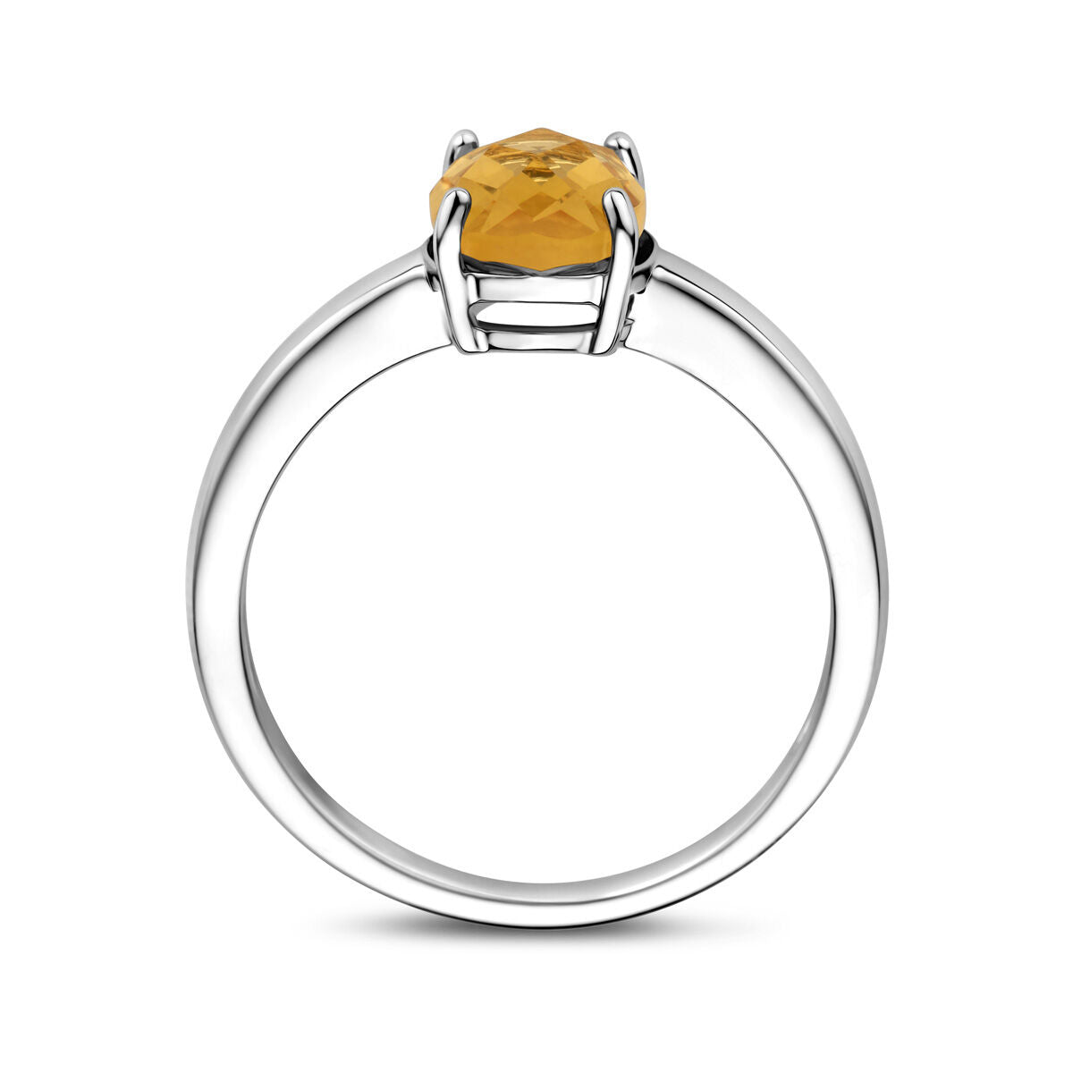 De Van der Kooij Collectie ring citrien zilver gerhodineerd heeft een enkele ronde gele edelsteen in een prong zetting, vanaf de zijkant getoond om de elegante band en de stralende steen te laten zien.