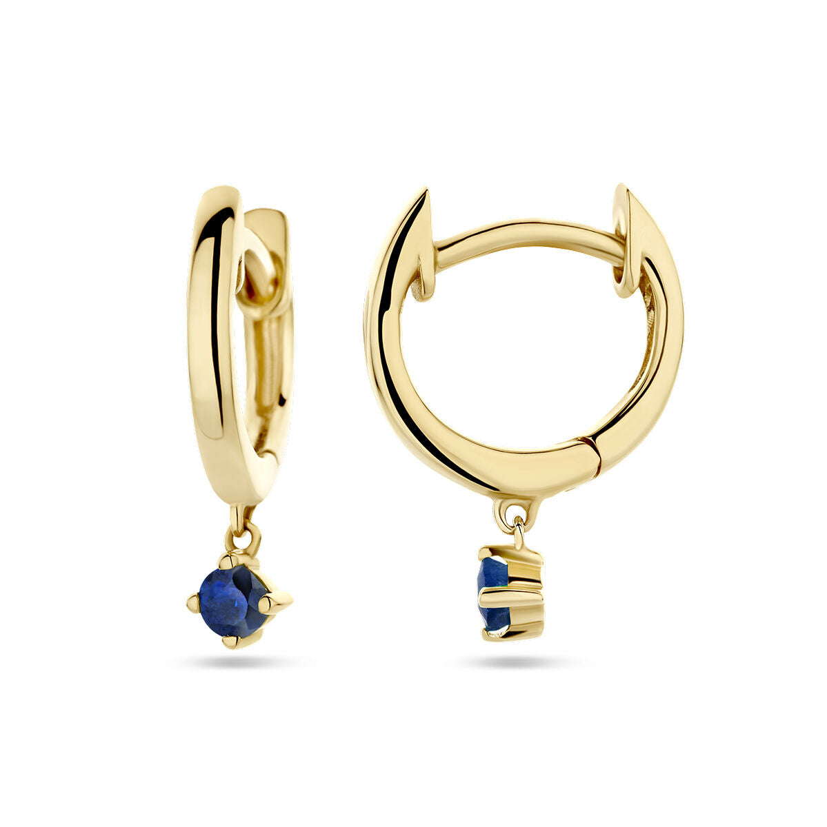 Van der Kooij Collectie klapoorringen saffier 14K geelgoud: elegant, gepolijst ontwerp met fonkelende saffier steen en veilige klapsluiting.