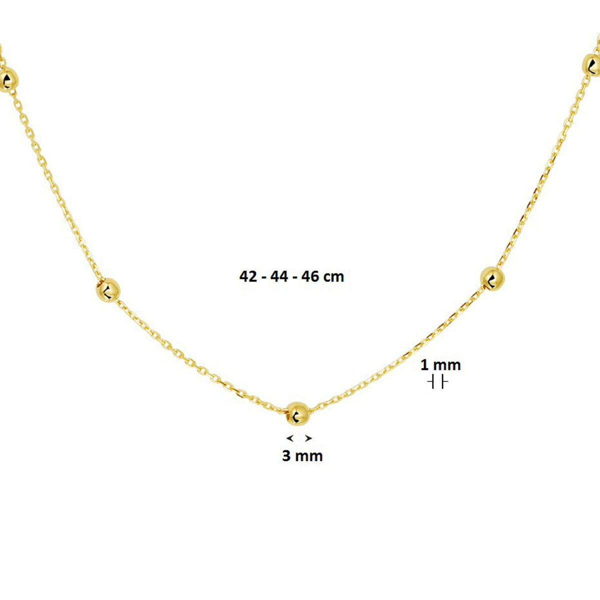 Het Van der Kooij Collectie collier anker en bolletjes 1,0 mm van 14K geelgoud heeft kleine ronde kralen (3 mm) en is verstelbaar op 42, 44 of 46 cm. Een elegant sieraad, perfect als cadeau voor elke gelegenheid.