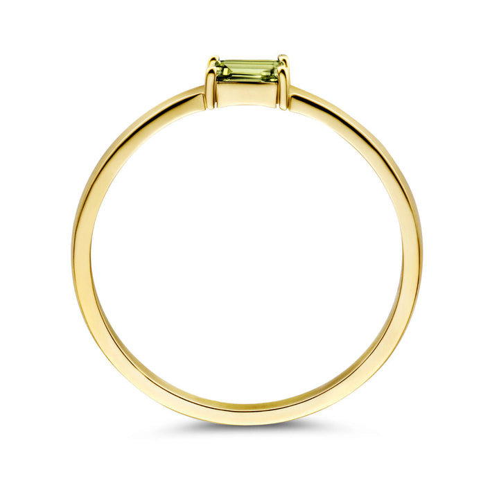 De Van der Kooij Collectie ring met geboortesteen peridot augustus 14K geelgoud heeft een rechthoekige lichtgroene peridot in een minimalistische tandzetting - perfect als geboortemomenten cadeau. Zijaanzicht op witte achtergrond.