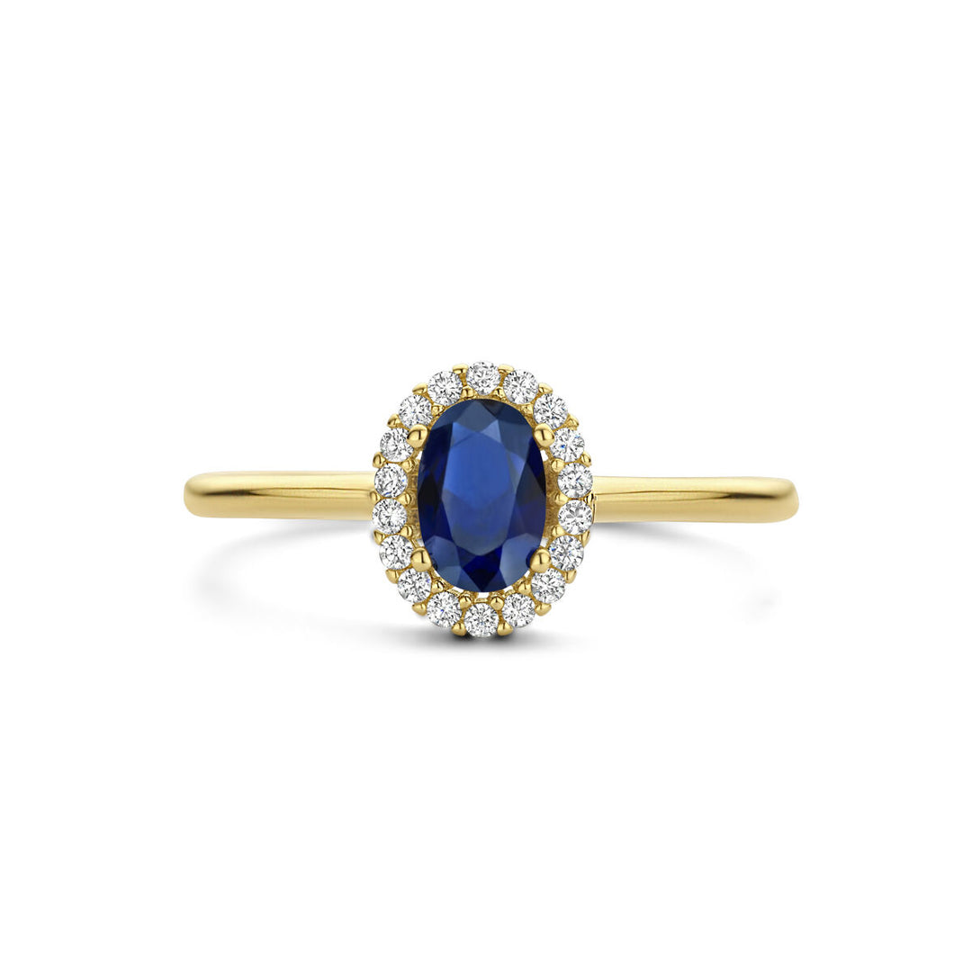 ring synth. sapphire and zirconia halo 14K yellow gold