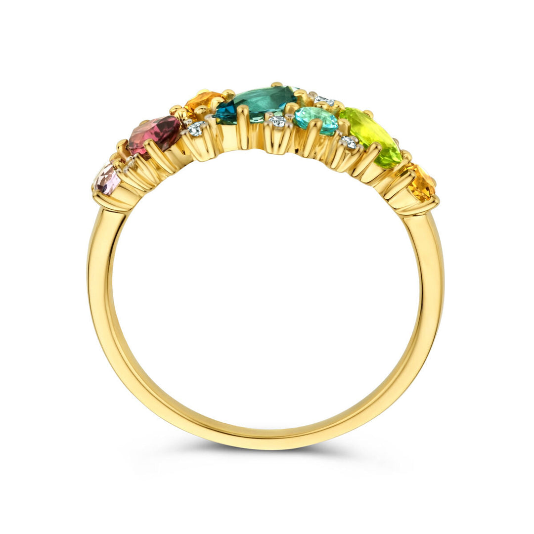 Deze 14K geelgouden ring van Van der Kooij Collectie is bezet met natuurlijke kleurstenen en een diamant van 0.04ct H SI, stijlvol ontworpen met diverse kleuren edelstenen langs de bovenzijde. Perfect voor elke gelegenheid.