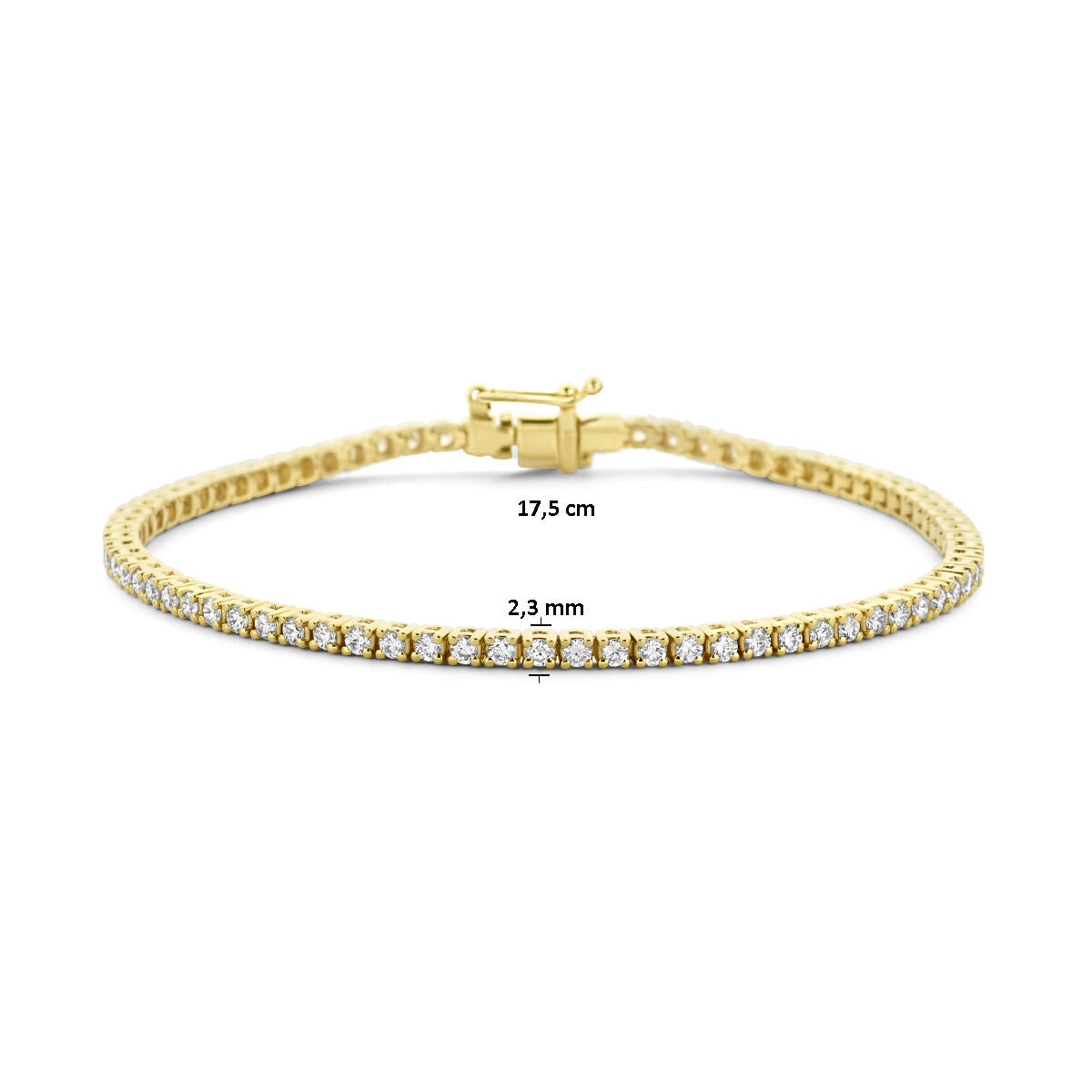 De Van der Kooij Collectie tennisarmband diamant 2.00ct H SI is 17,5 cm lang en 2,3 mm breed, vervaardigd uit 14K geelgoud met ronde witte diamanten in een enkele rij en een elegante sluiting.