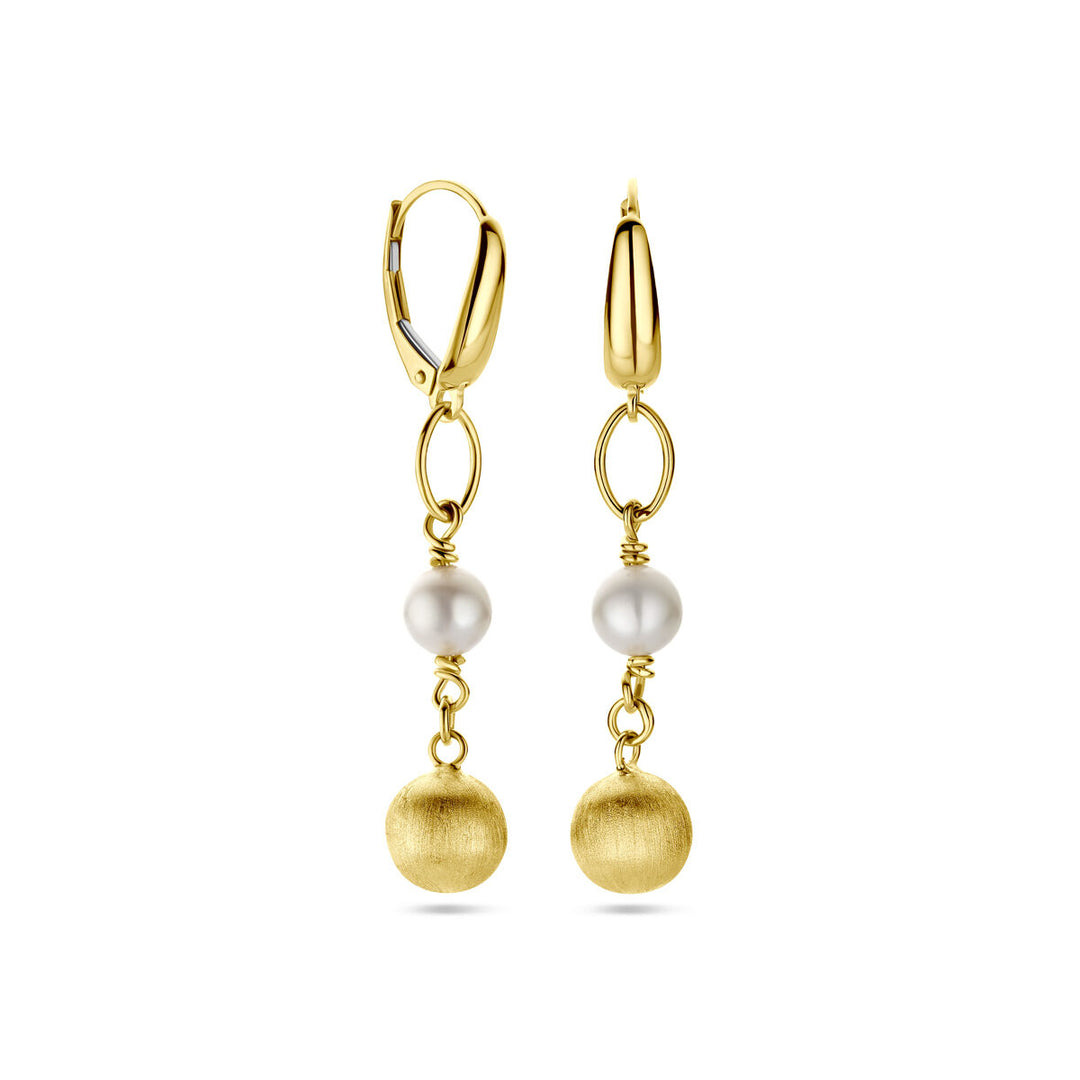 earrings ball and pearl poly/matte brisur hook 14K yellow gold