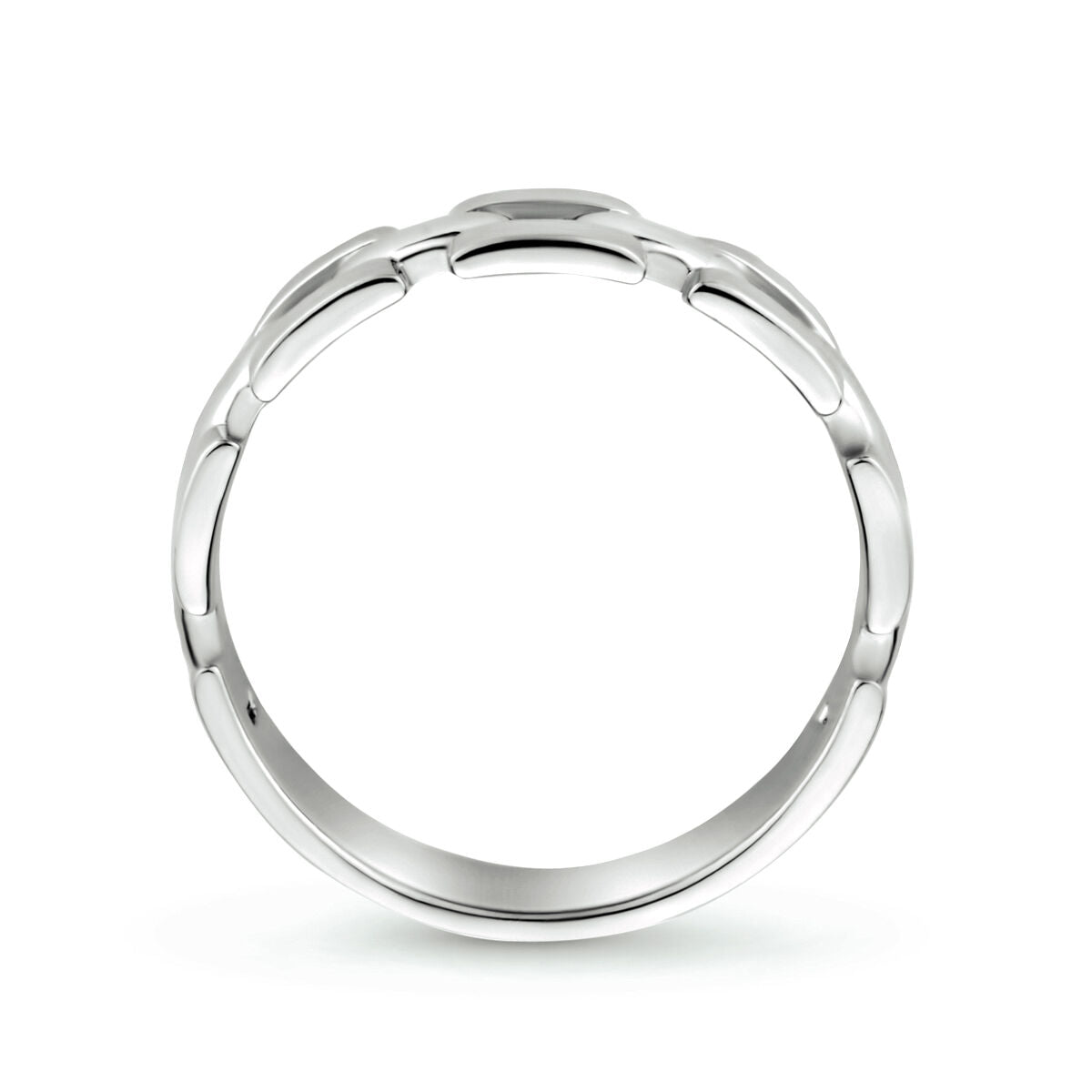 De Van der Kooij Collectie ring schakel zilver gerhodineerd heeft een band van gepolijst zilver met verhoogde, ovaalvormige accenten in een kettingmotief, gelijkmatig verdeeld over de bovenste helft als je vanaf de zijkant kijkt.