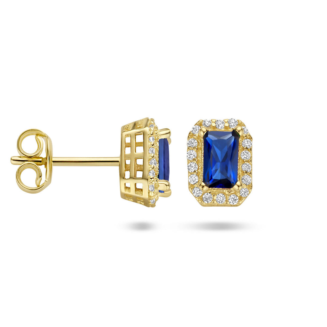 ear studs synth. sapphire and zirconia halo 14K yellow gold