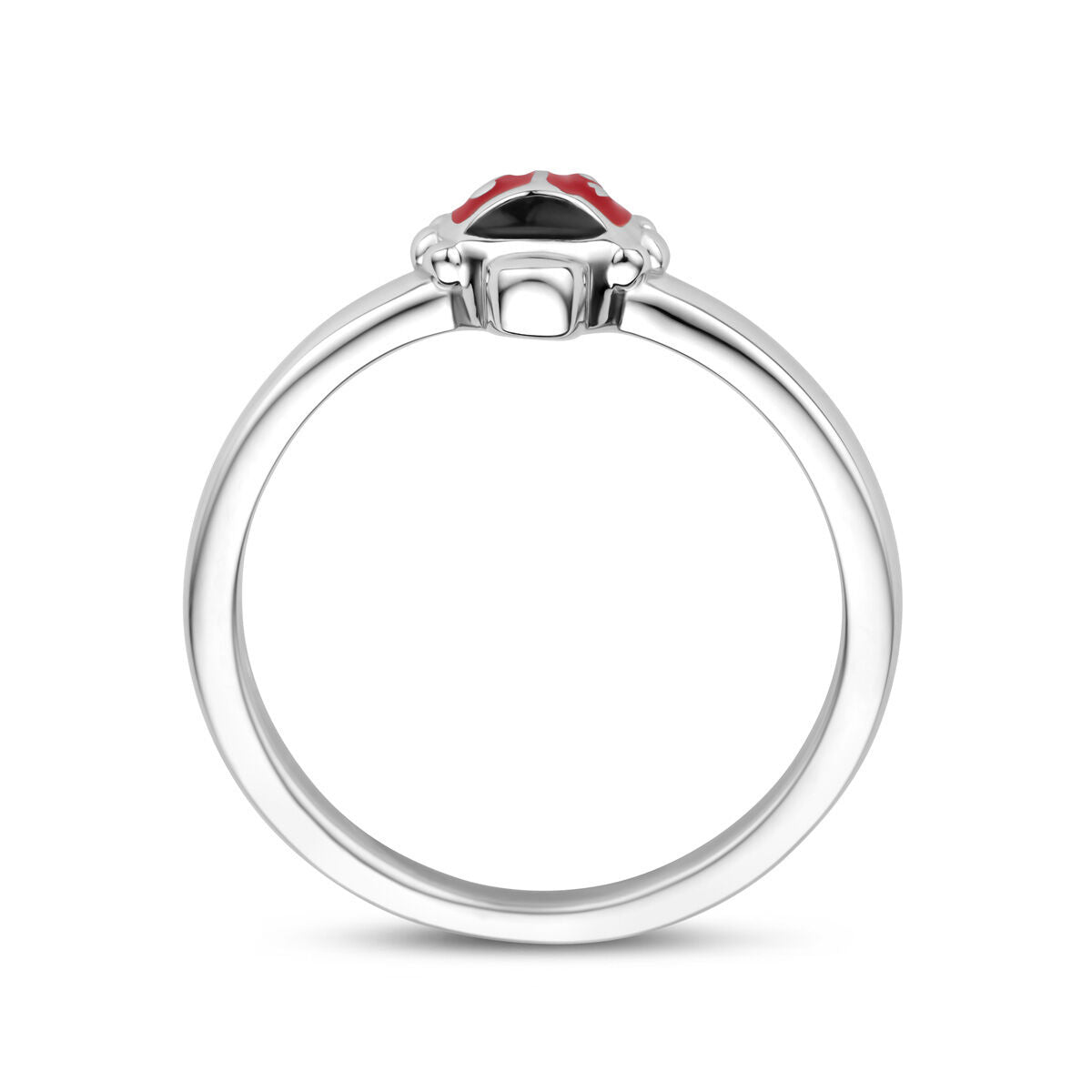 Een Van der Kooij Collectie ring lieveheersbeestje zilver gerhodineerd, van opzij gefotografeerd tegen een witte achtergrond met het kleine lieveheersbeestje als middelpunt.