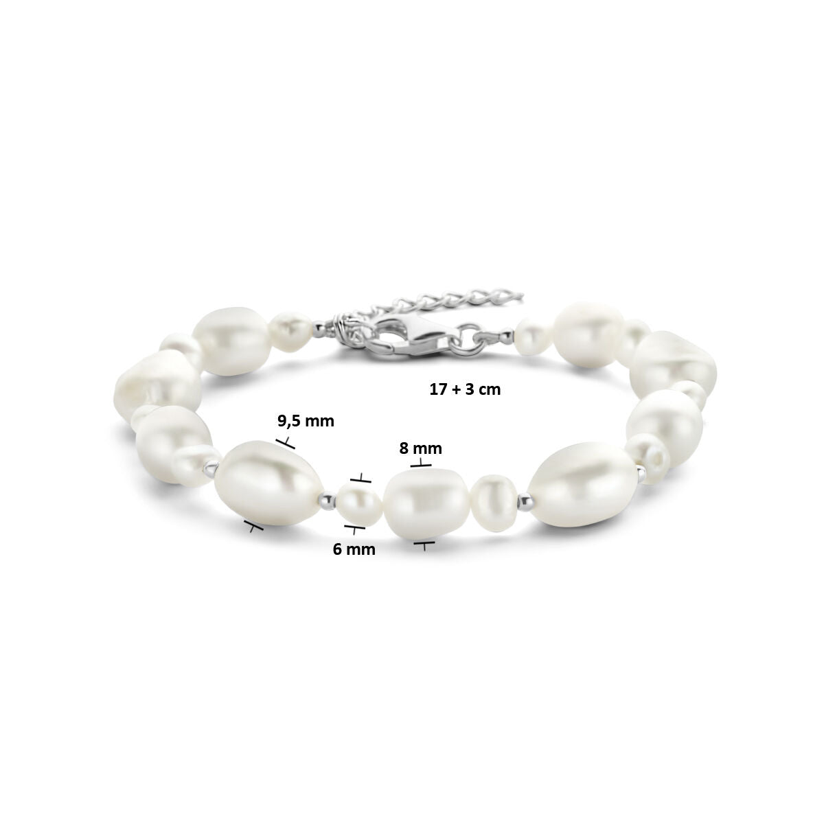 Zilveren armband dames parels gerhodineerd
