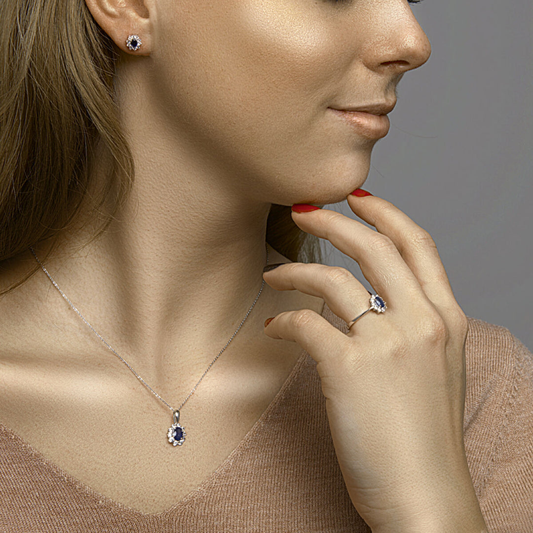 pendant sapphire and zirconia halo 14K white gold