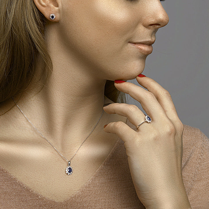 pendant sapphire and zirconia halo 14K white gold