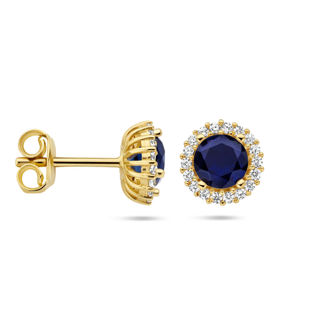 oorknoppen saffier zirkonia halo 14K geelgoud