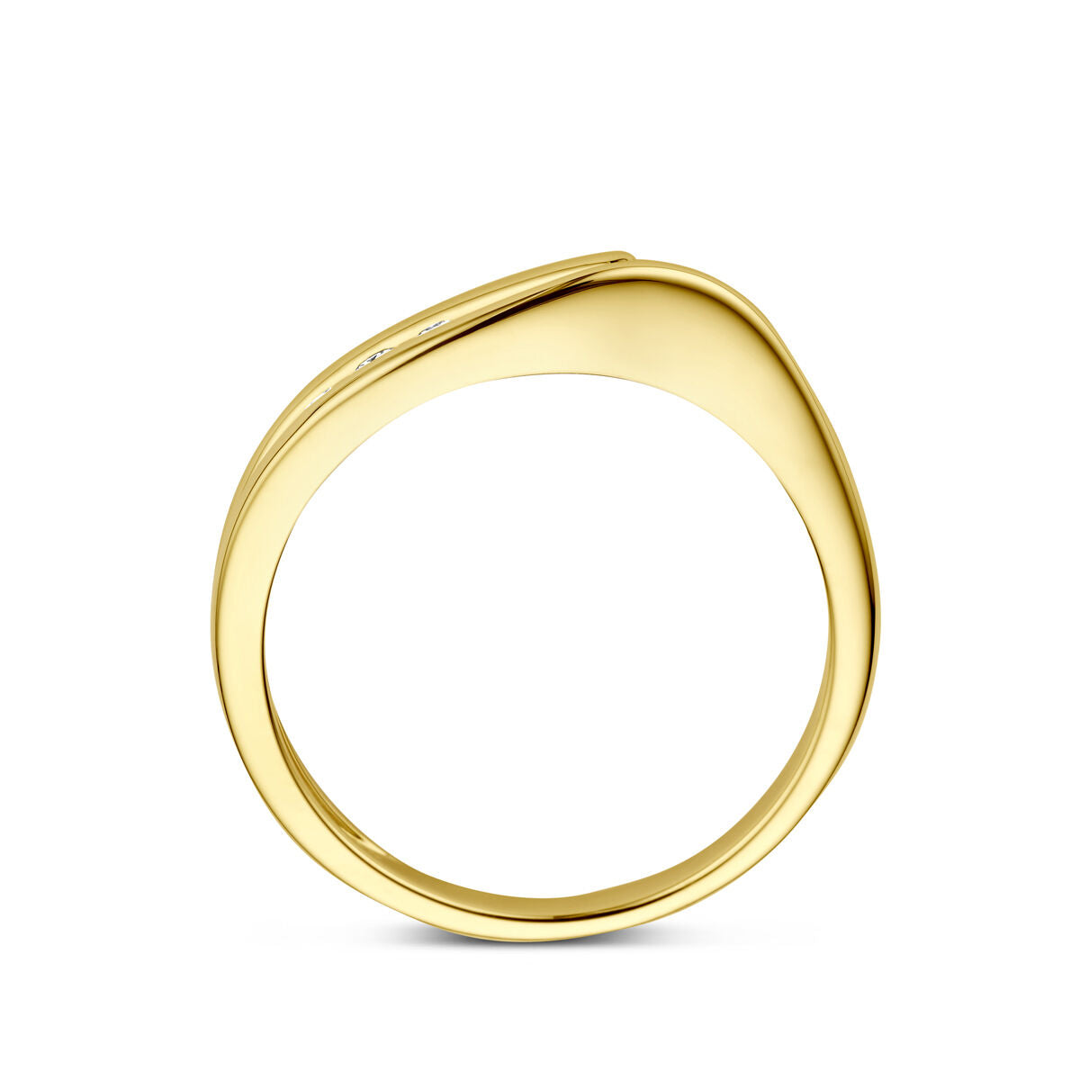 De Van der Kooij Collectie ring trilogie diamant 0.10ct h si in 14K geelgoud heeft een strak, asymmetrisch ontwerp en is ideaal voor fans van moderne dames sieraden. Gefotografeerd op een witte achtergrond voor een minimalistische look.