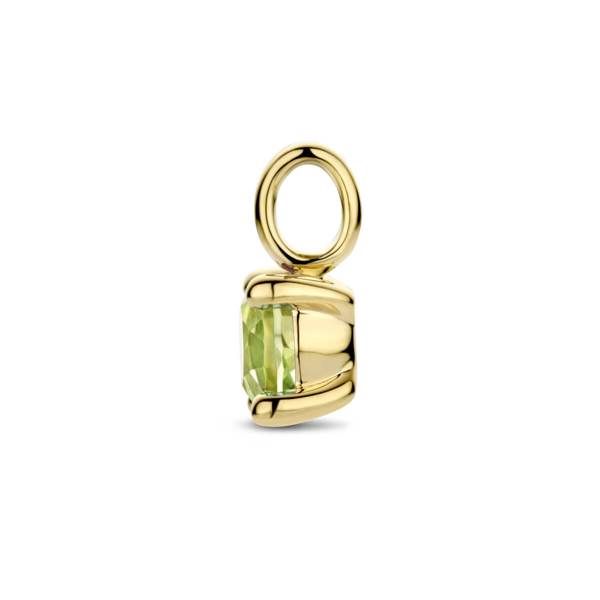 De hanger peridot 14K geelgoud van Van der Kooij Collectie heeft een kleine, facetgeslepen rechthoekige lichtgroene peridot gezet in 14k geelgoud met een ronde lus, afgebeeld op een effen witte ondergrond.