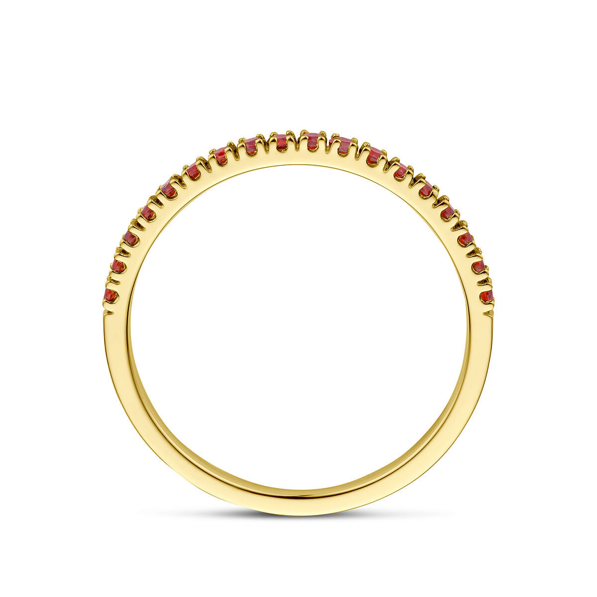 De Van der Kooij Collectie ring met geboortesteen granaat januari is een delicate 14K geelgouden damesring, met kleine rode granaten langs de bovenzijde, getoond van opzij tegen een witte achtergrond.