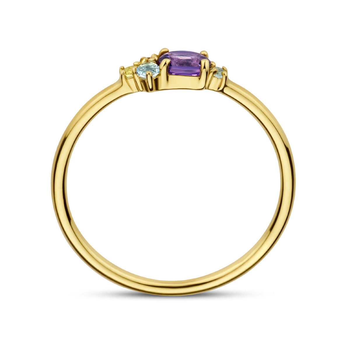 Een 14K geelgouden ring van de Van der Kooij Collectie met natuurlijke kleurstenen (0.16ct), getoond op een witte achtergrond.