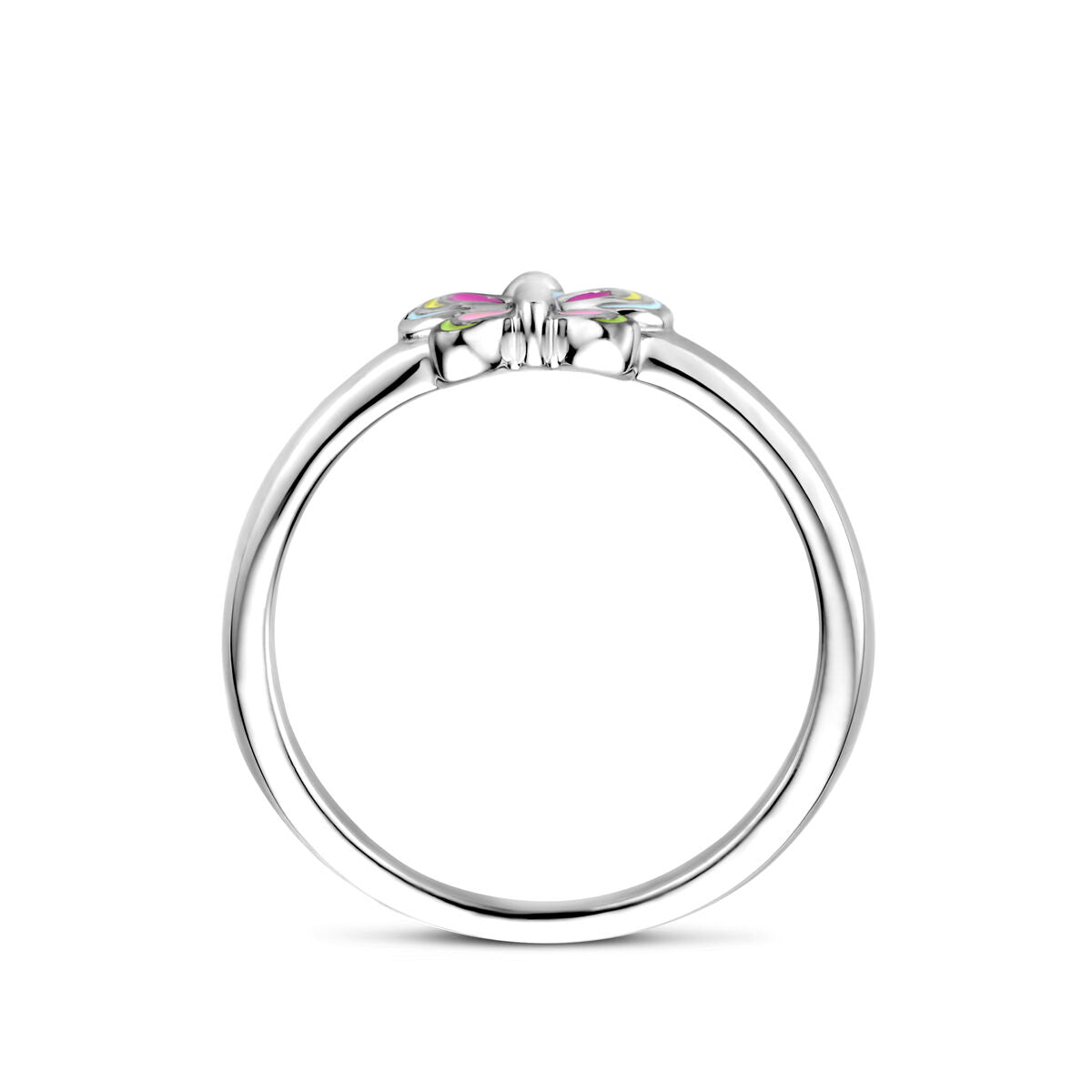 De Van der Kooij Collectie ring vlinder zilver gerhodineerd heeft een delicate band met twee vlindervormige edelstenen in roze en lichtgeel - een betoverende kindersieraad, zijdelings weergegeven tegen een witte achtergrond.