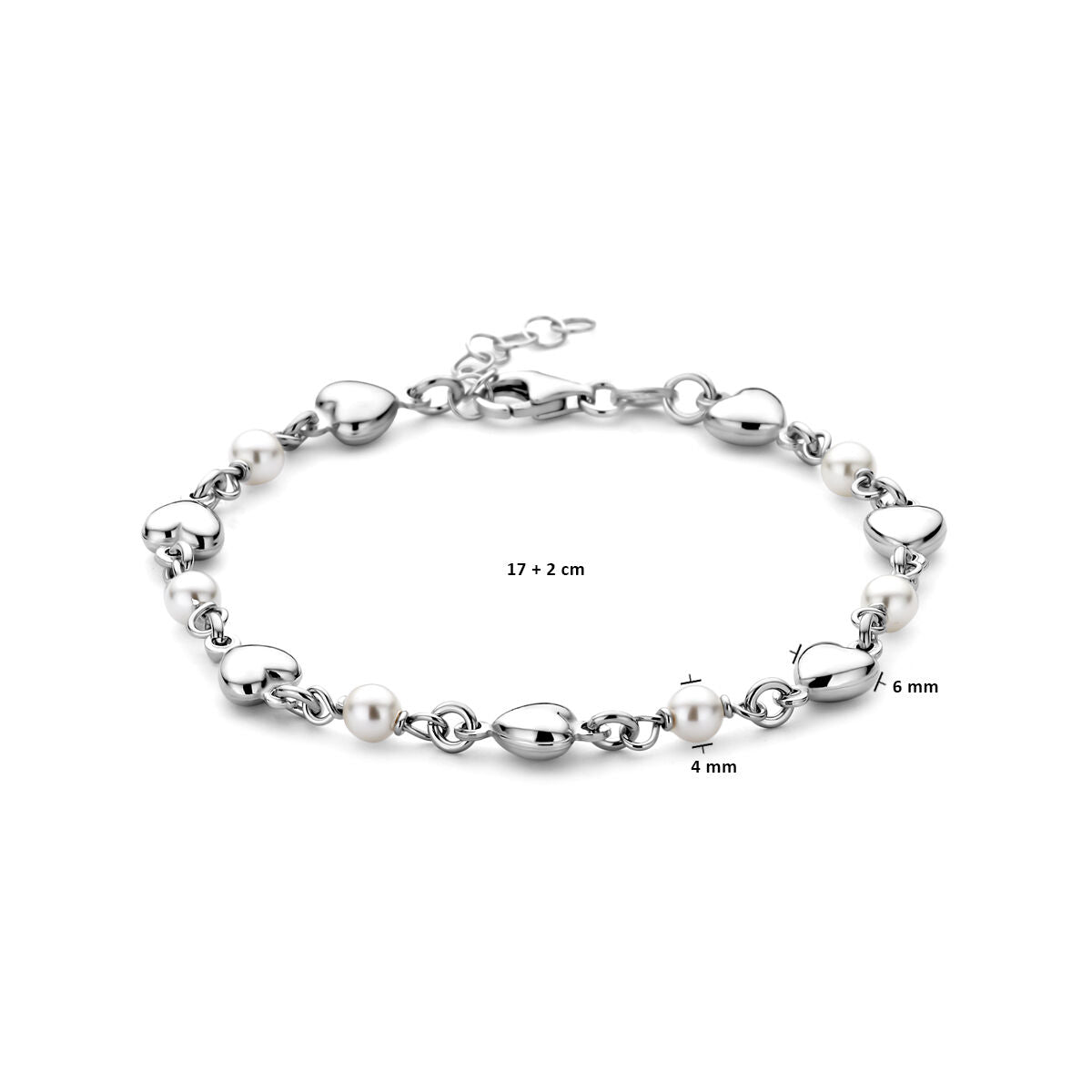 De Zilveren armband dames hartjes en swarovski parels gerhodineerd van Van der Kooij Collectie heeft afwisselende hart- en ronde schakels met witte Swarovski parels, verstelbaar van 17 + 2 cm, met kralen van 4 mm en 6 mm.