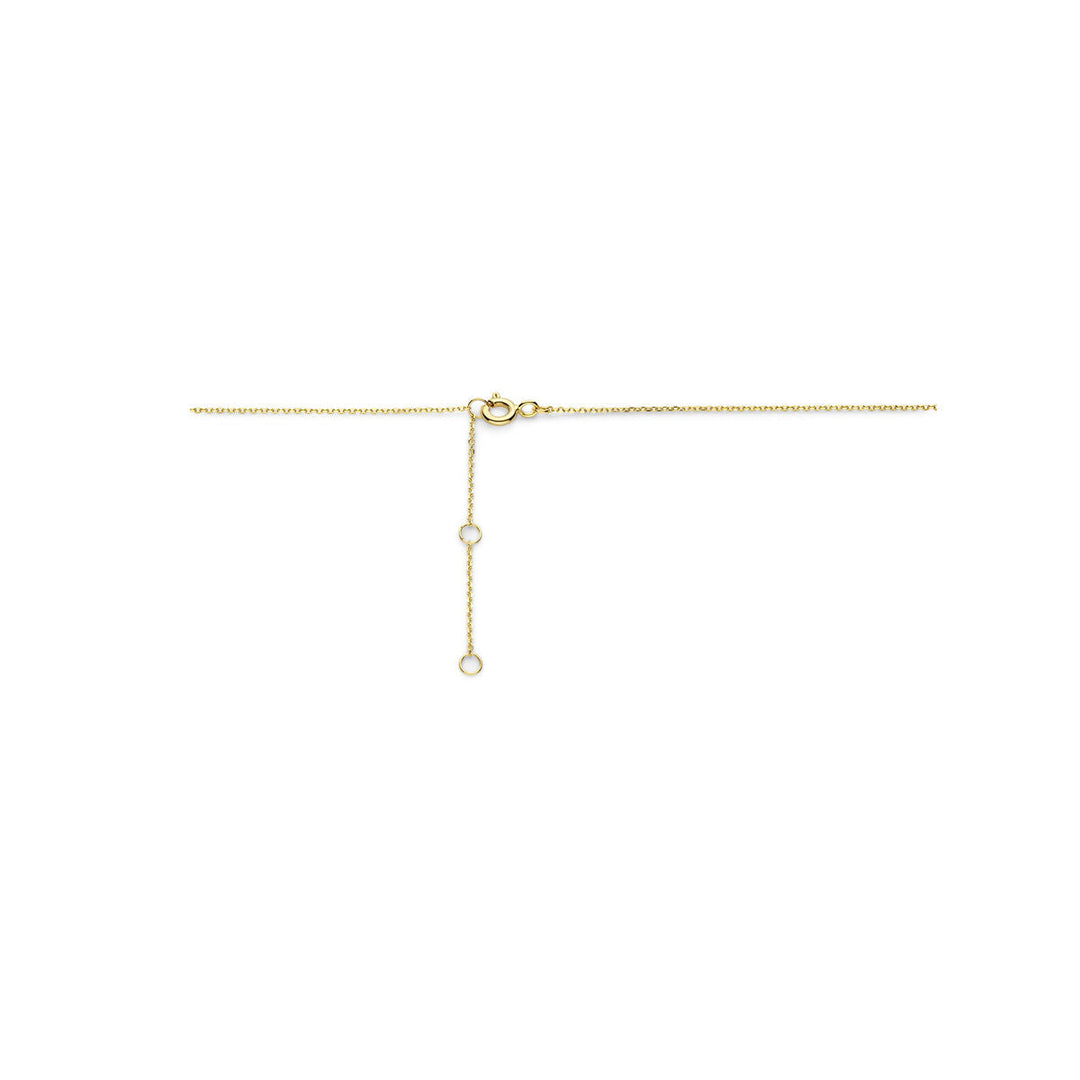 De Van der Kooij Collectie collier love 40-42-44 cm in 14K geelgoud heeft een kleine sluiting en een verstelbaar verlengstuk met drie ronde lussen, afgebeeld op een effen witte ondergrond.