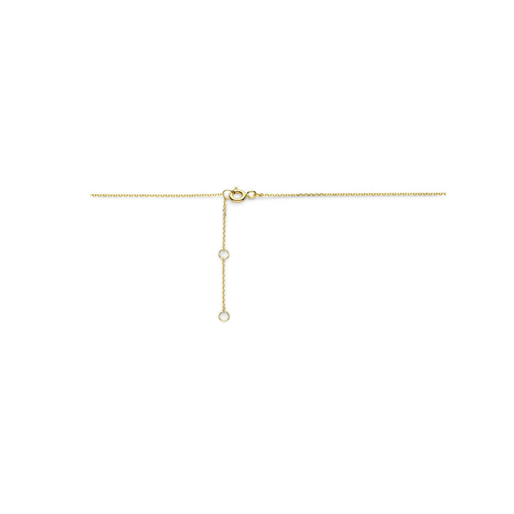 De Van der Kooij Collectie collier love 40-42-44 cm in 14K geelgoud heeft een kleine sluiting en een verstelbaar verlengstuk met drie ronde lussen, afgebeeld op een effen witte ondergrond.