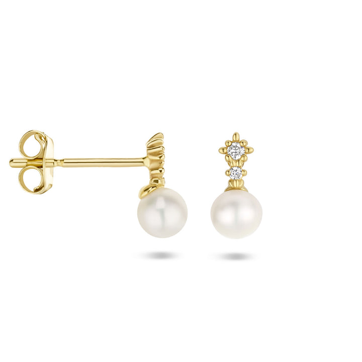 ear studs zirconia and pearl 14K yellow gold