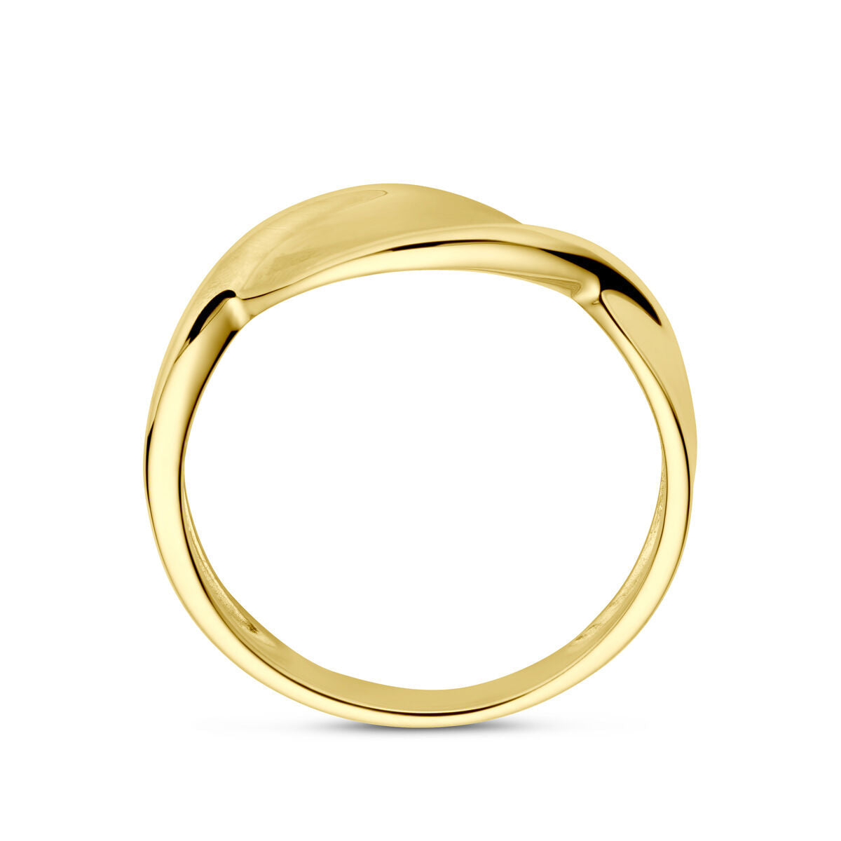 De Van der Kooij Collectie ring poli/mat 14K geelgoud straalt eenvoudige elegantie uit met zijn gladde, licht gebogen topontwerp, aan de voorzijde weergegeven tegen een witte achtergrond.